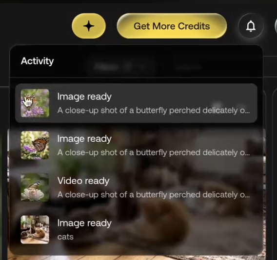 Activity Center feed showing image and video generations ready