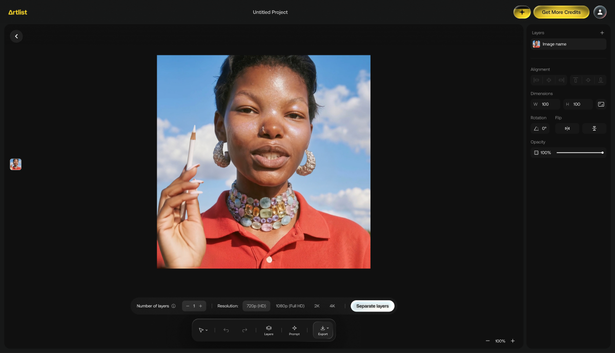 Image Editor pre-decompose panel showing number of layers, resolution, and Separate layers button