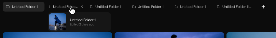 Hovering over a folder tab shows its full name, a thumbnail, and when it was last edited