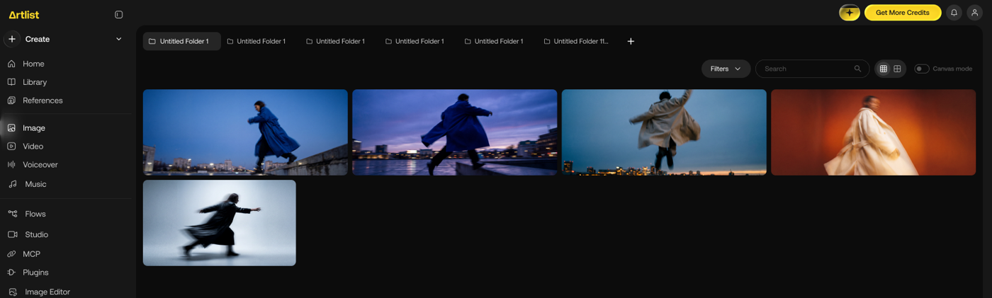 Artlist AI Tools with the side navigation on the left and open folders as tabs along the top