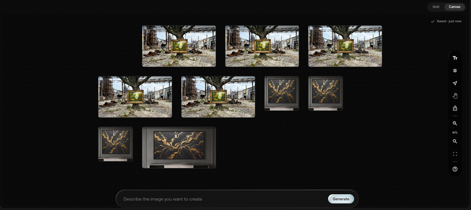 Canvas view: creations arranged freely on a canvas, with the Grid / Canvas switch at the top right
