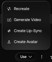The Use menu on a voiceover: Recreate, Generate Video, Create Lip-Sync, Create Avatar