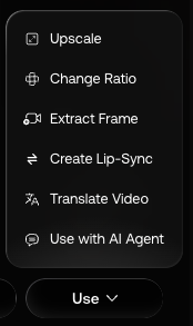 The Use menu on a video: Upscale, Change Ratio, Extract Frame, Create Lip-Sync, Translate Video, Use with AI Agent