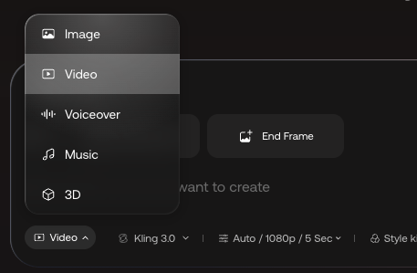 The media type menu in the prompt box: Image, Video, Voiceover, Music, 3D