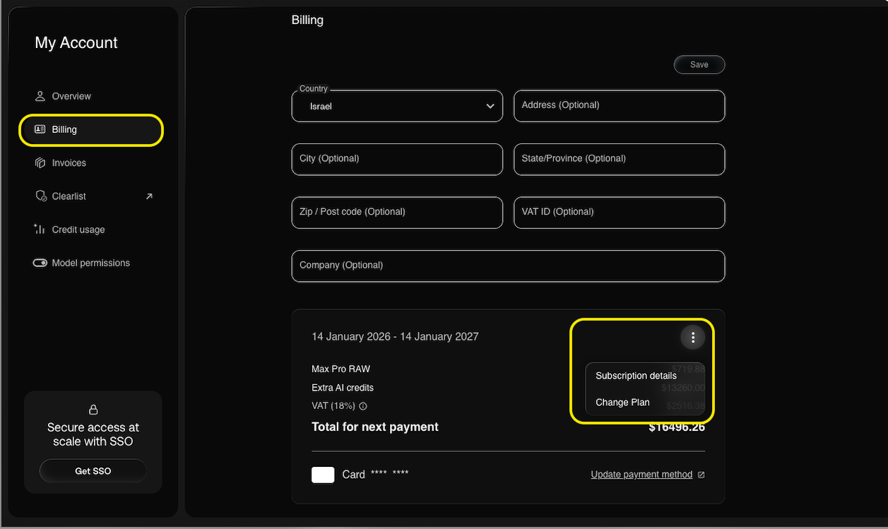 My Account, Billing: the more menu with Subscription details and Change Plan