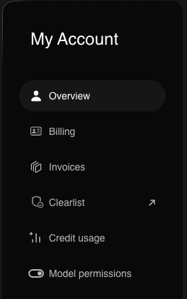 The My Account menu: Overview, Billing, Invoices, Clearlist, Credit usage, Model permissions