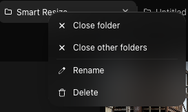 The folder tab menu: Close folder, Close other folders, Rename, Delete